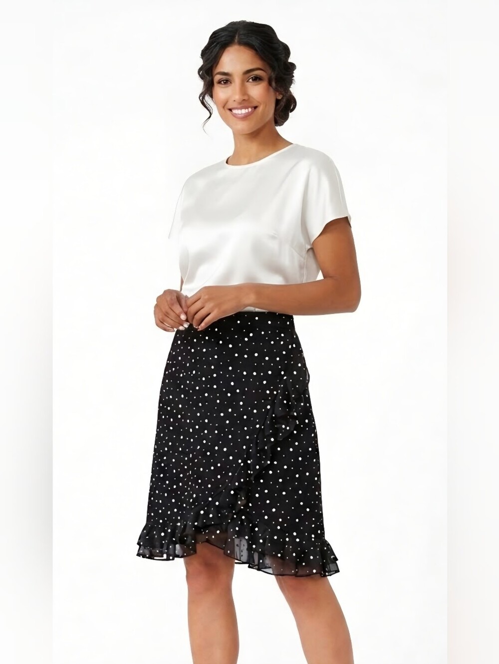 St. John Collection By Marie Gray Black Polka Dot Ruffle Skirt Size 8